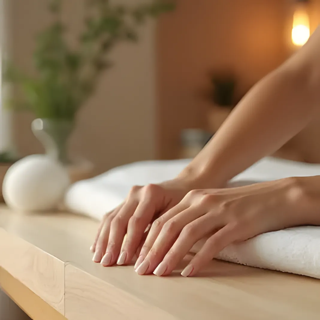 Hand with freshly applied press-on nails