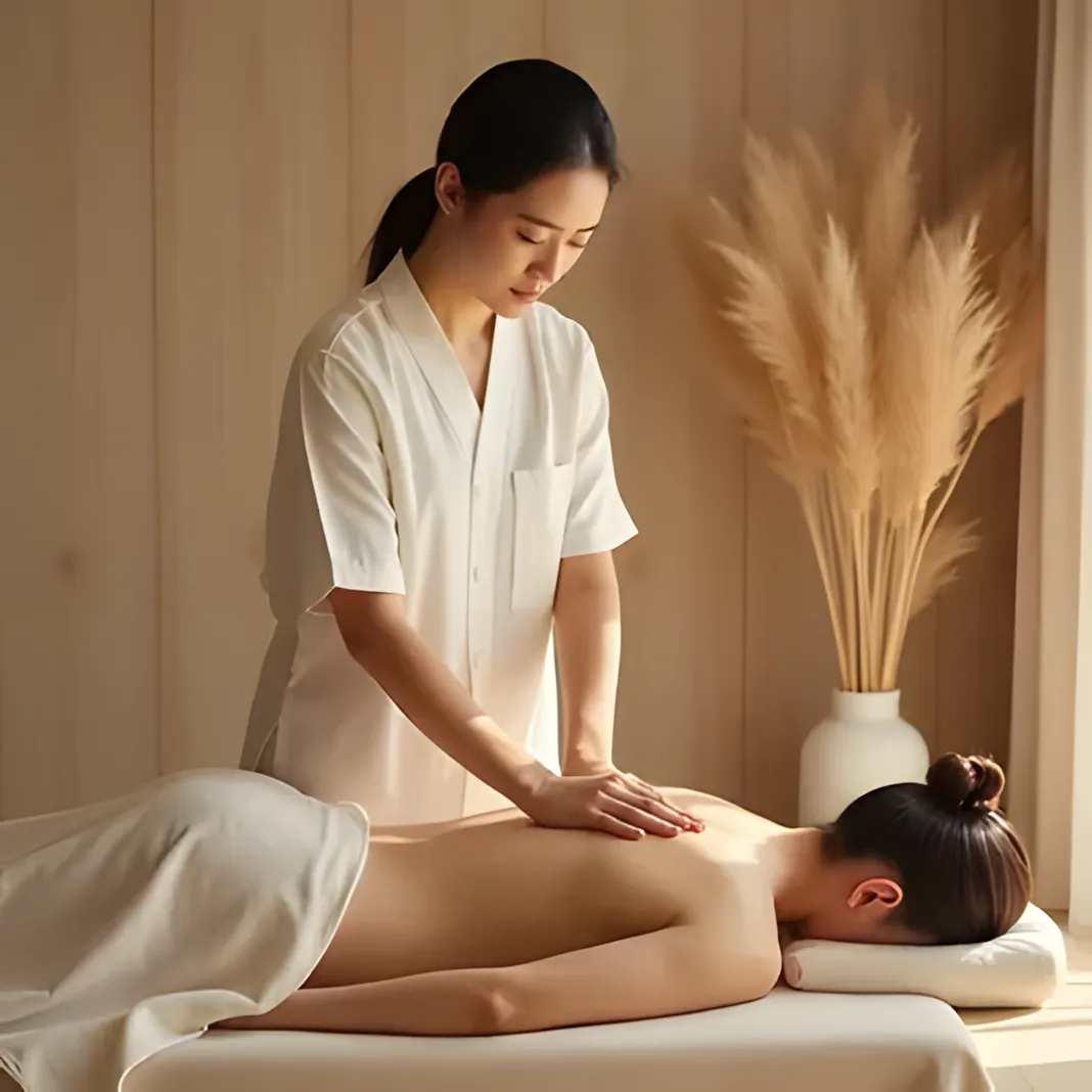 Therapist performing a Thai massage